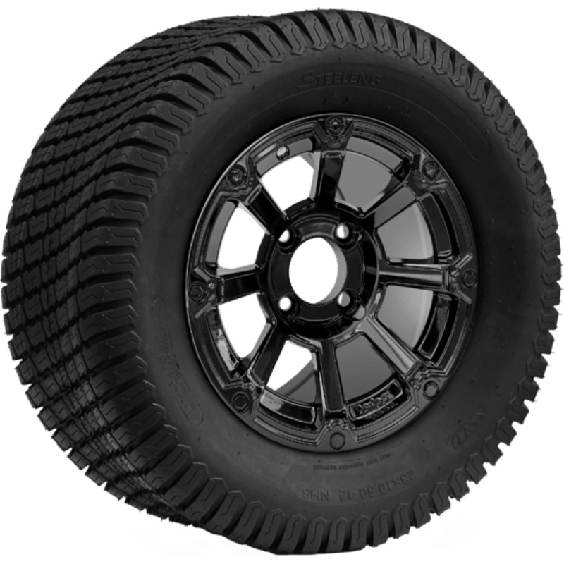 SGC 12 ” Cyclops Glossy Black Wheel – Aluminum Alloy / STEELENG 23 “x10.5 “-12 ” Turf Tire Tires Combo – Set of 4