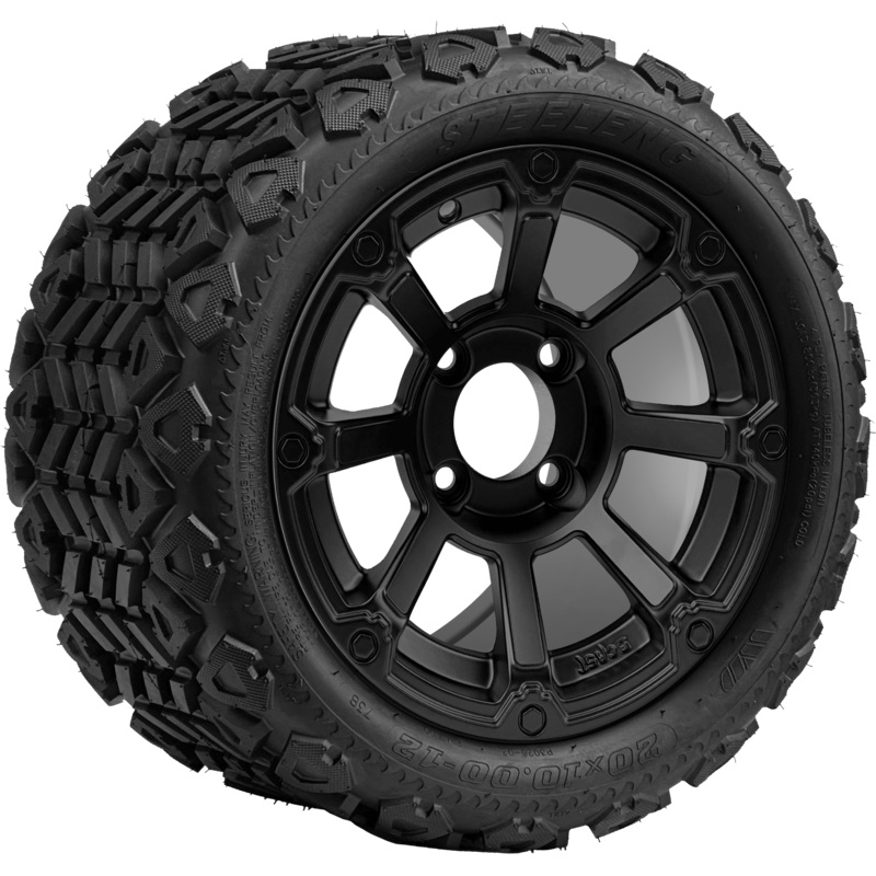 SGC 12 ” Cyclops Matte Black Wheel – Aluminum Alloy / STEELENG 20 “x10 “-12 ” All Terrain Tire DOT approved Tires Combo – Set of 4