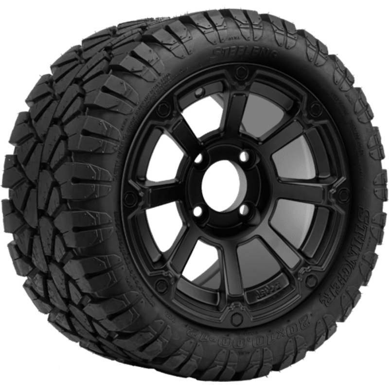 SGC 12 ” Cyclops Matte Black Wheel – Aluminum Alloy / STEELENG 20 “x10 “-12 ” STINGER All Terrain Tire DOT approved Tires Combo – Set of 4