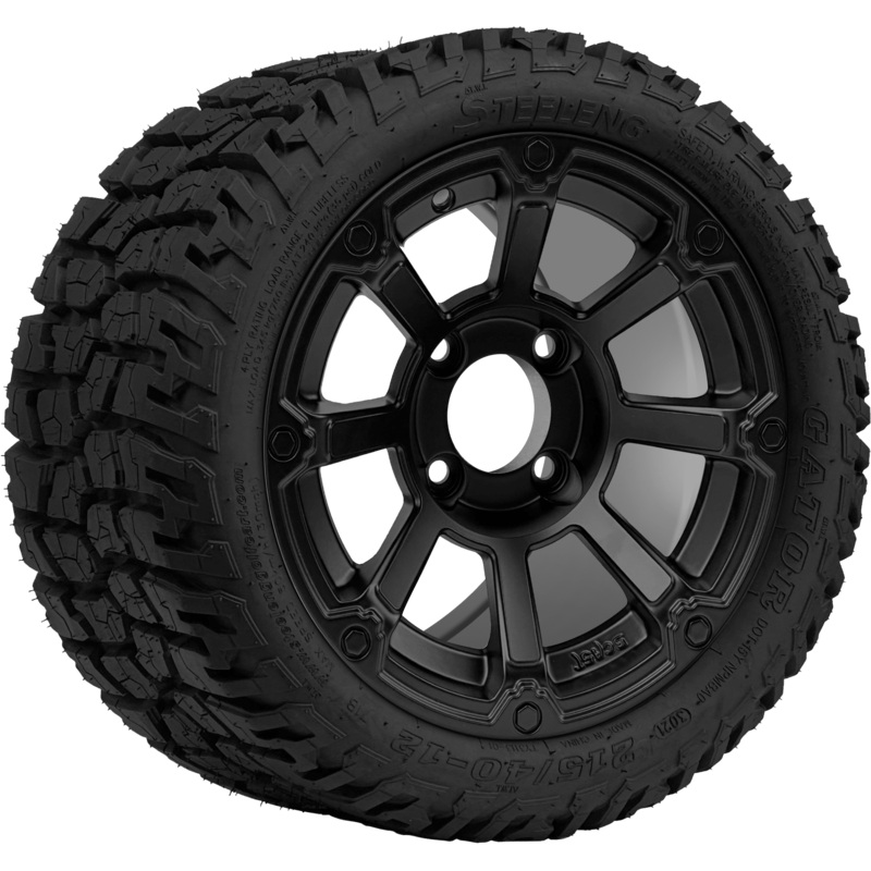 SGC 12 ” Cyclops Matte Black Wheel – Aluminum Alloy / STEELENG 215/40-12 GATOR Hybrid Low Profile / All Terrain Tire DOT Approved Tires Combo – Set of 4