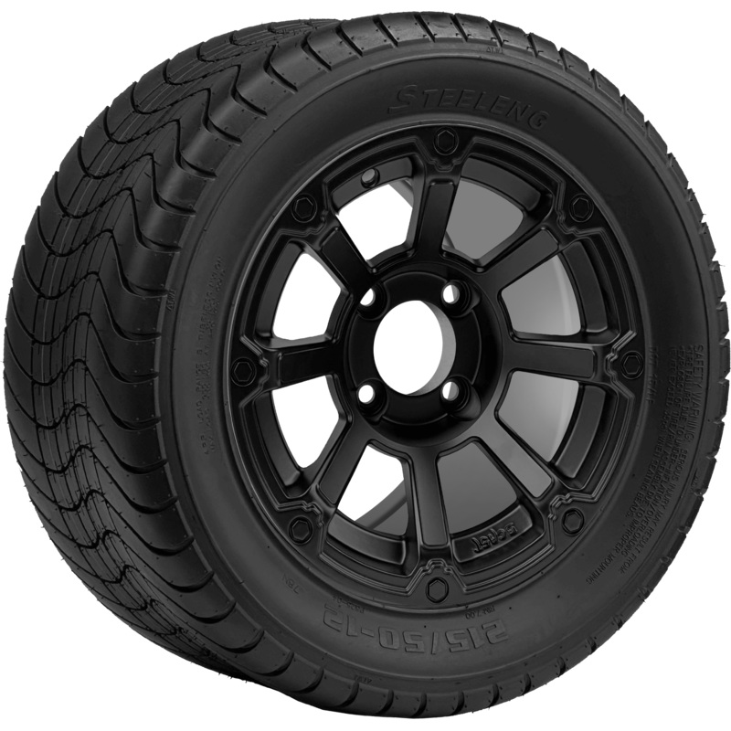 SGC 12 ” Cyclops Matte Black Wheel – Aluminum Alloy / STEELENG 215/50-12 Comfort Ride Street Tire DOT Approved Tires Combo – Set of 4