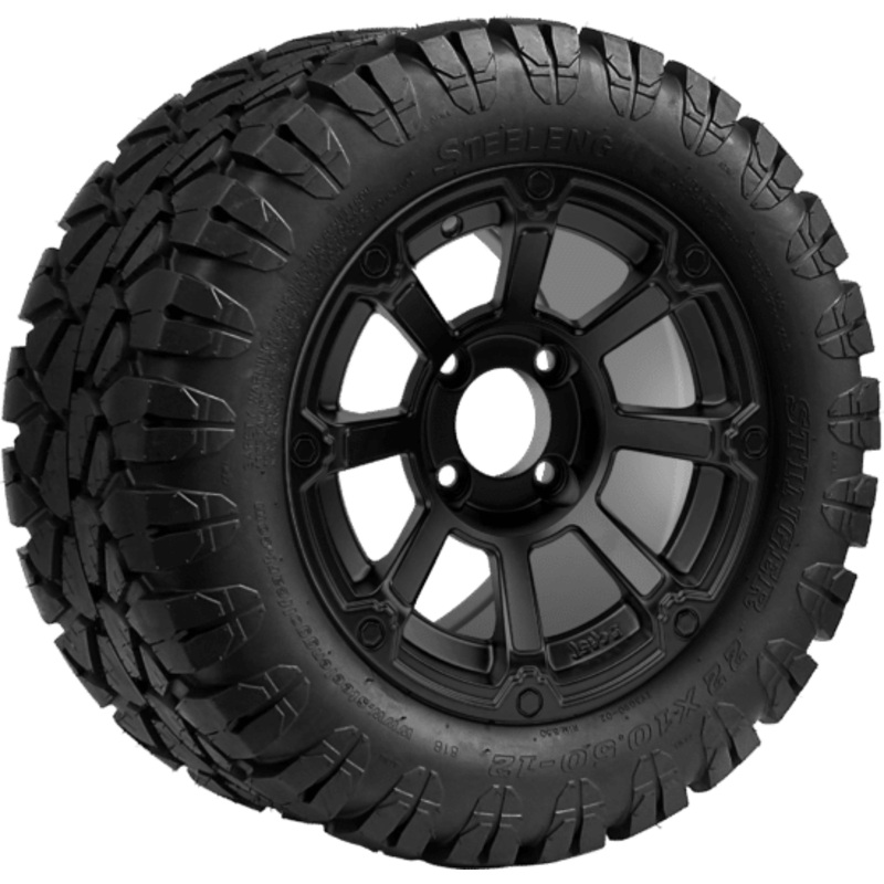 SGC 12 ” Cyclops Matte Black Wheel – Aluminum Alloy / STEELENG 22 “x10.5 “-12 ” STINGER All Terrain Tire DOT approved Tires Combo – Set of 4