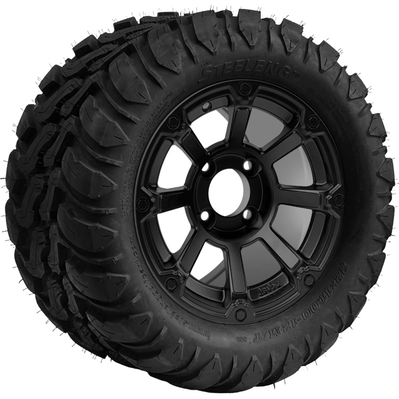 SGC 12 ” Cyclops Matte Black Wheel – Aluminum Alloy / STEELENG 22 “x11 “-12 ” Mud Terrain / All Terrain Tire DOT Approved Tires Combo – Set of 4