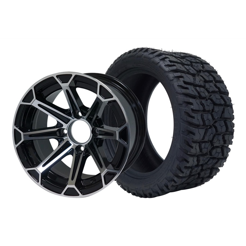 SGC 12″ Fang Machined/Black Wheel – Aluminum Alloy / STEELENG 215/40-12 GATOR Hybrid Low Profile / All Terrain Tire DOT Approved Tires Combo – Set of 4