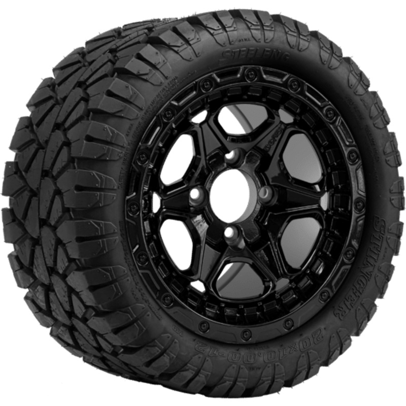 SGC 12 ” Grizzly Glossy Black Wheel – Aluminum Alloy / STEELENG 20 “x10 “-12 ” STINGER All Terrain Tire DOT approved Tires Combo – Set of 4