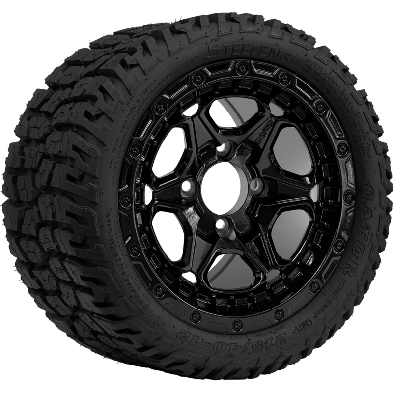 SGC 12 ” Grizzly Glossy Black Wheel – Aluminum Alloy / STEELENG 215/40-12 GATOR Hybrid Low Profile / All Terrain Tire DOT Approved Tires Combo – Set of 4