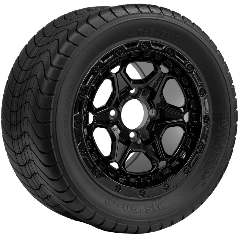 SGC 12 ” Grizzly Glossy Black Wheel – Aluminum Alloy / STEELENG 215/50-12 Comfort Ride Street Tire DOT Approved Tires Combo – Set of 4
