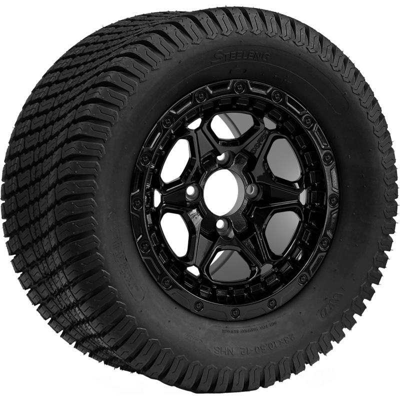 SGC 12 ” Grizzly Glossy Black Wheel – Aluminum Alloy / STEELENG 23 “x10.5 “-12 ” Turf Tire Tires Combo – Set of 4