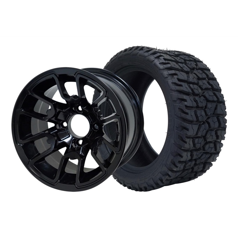 SGC 12″ Lizard Glossy Black Wheel – Aluminum Alloy / STEELENG 215/40-12 GATOR Hybrid Low Profile / All Terrain Tire DOT Approved Tires Combo – Set of 4