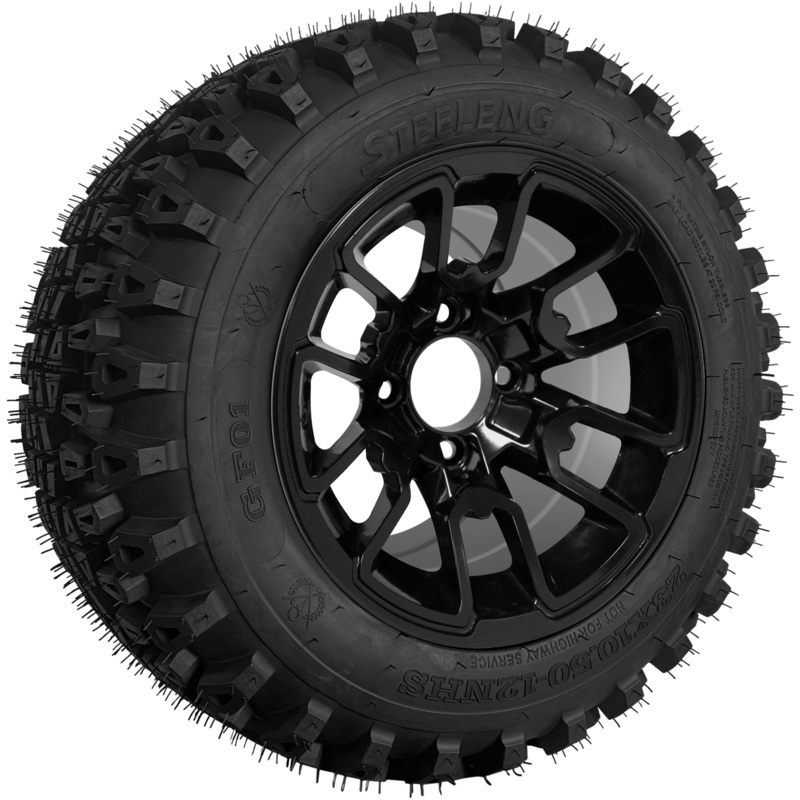 SGC 12″ Lizard Glossy Black Wheel – Aluminum Alloy / STEELENG 23″x10.5″-12″ QH All Terrain Tire Tires Combo – Set of 4