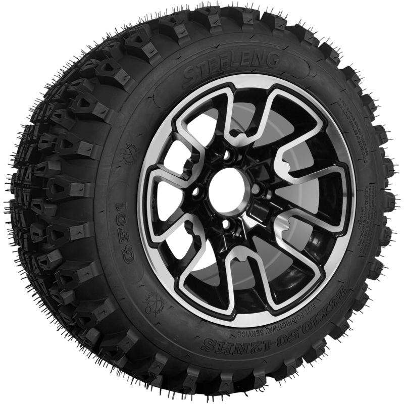 SGC 12″ Lizard Machined/Black Wheel – Aluminum Alloy / STEELENG 23″x10.5″-12″ QH All Terrain Tire Tires Combo – Set of 4