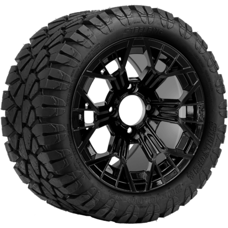 SGC 12 ” Mantis Glossy Black Wheel – Aluminum Alloy / STEELENG 20 “x10 “-12 ” STINGER All Terrain Tire DOT approved  Tires Combo – Set of 4