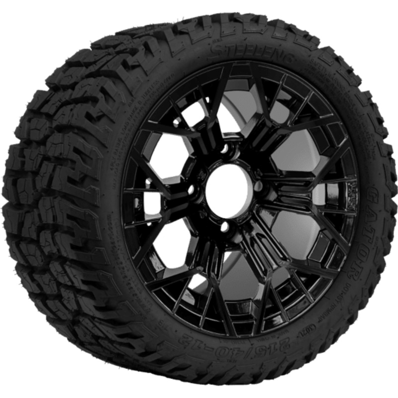 SGC 12 ” Mantis Glossy Black Wheel – Aluminum Alloy / STEELENG 215/40-12 GATOR Hybrid Low Profile / All Terrain Tire DOT Approved Tires Combo – Set of 4