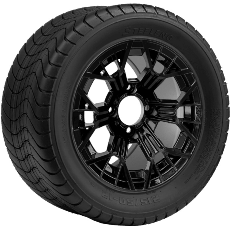 SGC 12 ” Mantis Glossy Black Wheel – Aluminum Alloy / STEELENG 215/50-12 Comfort Ride Street Tire DOT Approved Tires Combo – Set of 4