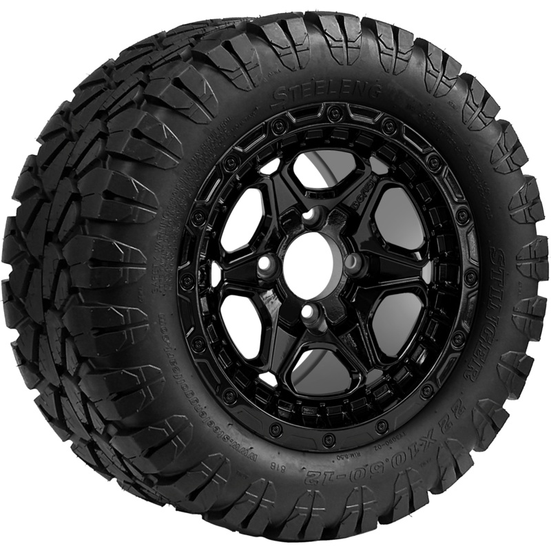 SGC 12 ” Mantis Glossy Black Wheel – Aluminum Alloy / STEELENG 22 “x10.5 “-12 ” STINGER All Terrain Tire DOT approved Tires Combo – Set of 4