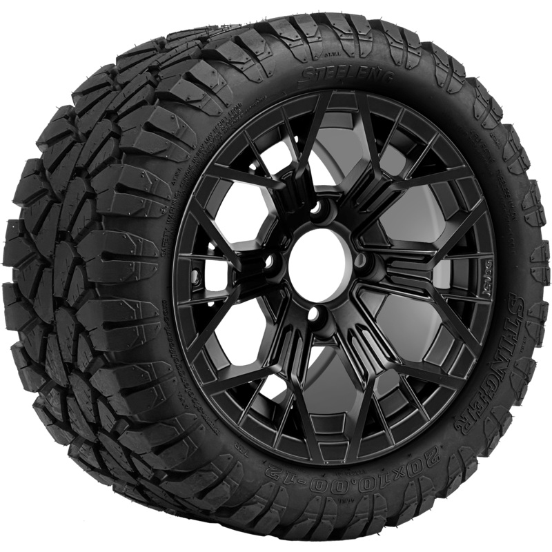 SGC 12 ” Mantis Matte Black Wheel – Aluminum Alloy / STEELENG 20 “x10 “-12 ” STINGER All Terrain Tire DOT approved Tires Combo – Set of 4