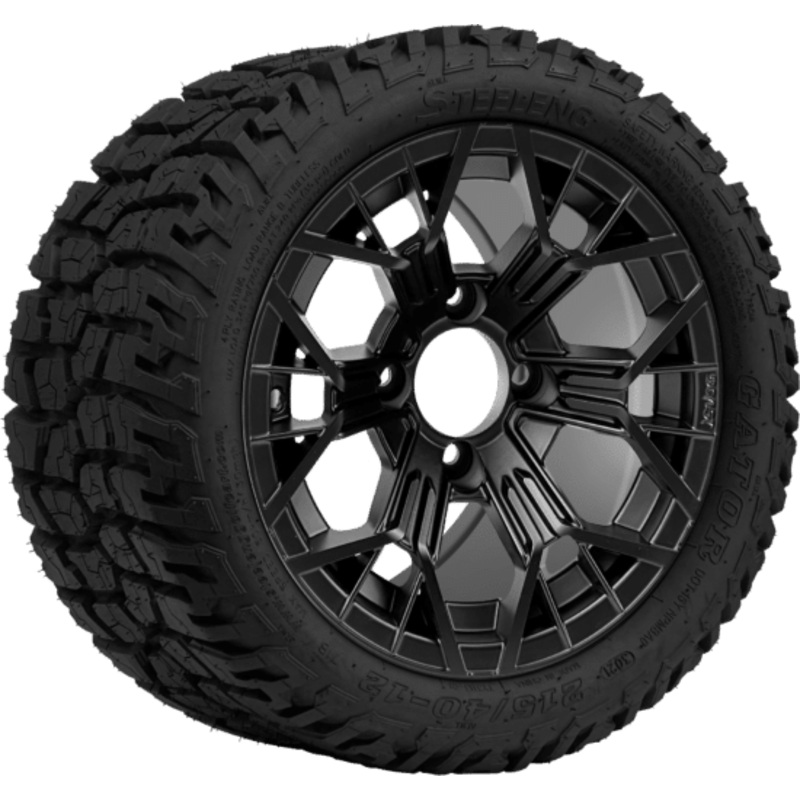 SGC 12 ” Mantis Matte Black Wheel – Aluminum Alloy / STEELENG 215/40-12 GATOR Hybrid Low Profile / All Terrain Tire DOT Approved  Tires Combo – Set of 4