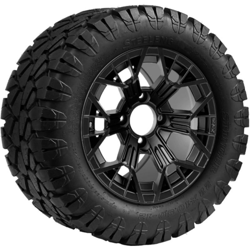 SGC 12 ” Mantis Matte Black Wheel – Aluminum Alloy / STEELENG 22 “x10.5 “-12 ” STINGER All Terrain Tire DOT approved Tires Combo – Set of 4