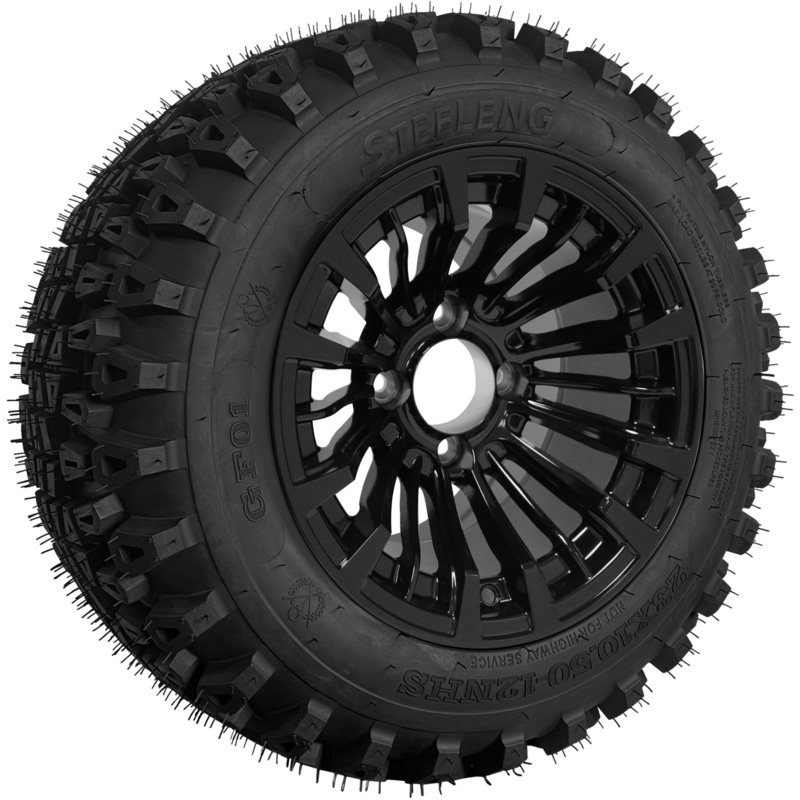 SGC 12″ Matador Glossy Black Wheel – Aluminum Alloy / STEELENG 23″x10.5″-12″ QH All Terrain Tire Tires Combo – Set of 4