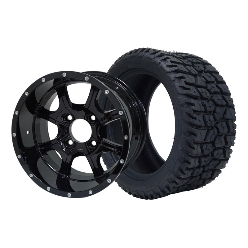SGC 12″ Night Stalker Glossy Black Wheel – Aluminum Alloy / STEELENG 215/40-12 GATOR Hybrid Low Profile / All Terrain Tire DOT Approved Tires Combo – Set of 4