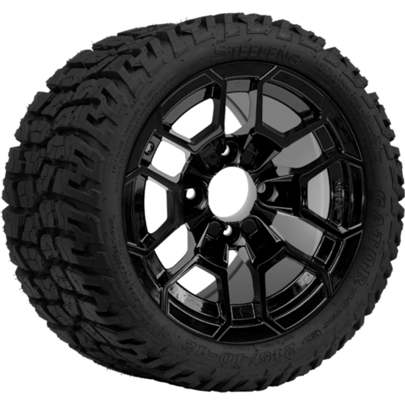 SGC 12 ” Talon Glossy Black Wheel – Aluminum Alloy / STEELENG 215/40-12 GATOR Hybrid Low Profile / All Terrain Tire DOT Approved Tires Combo – Set of 4