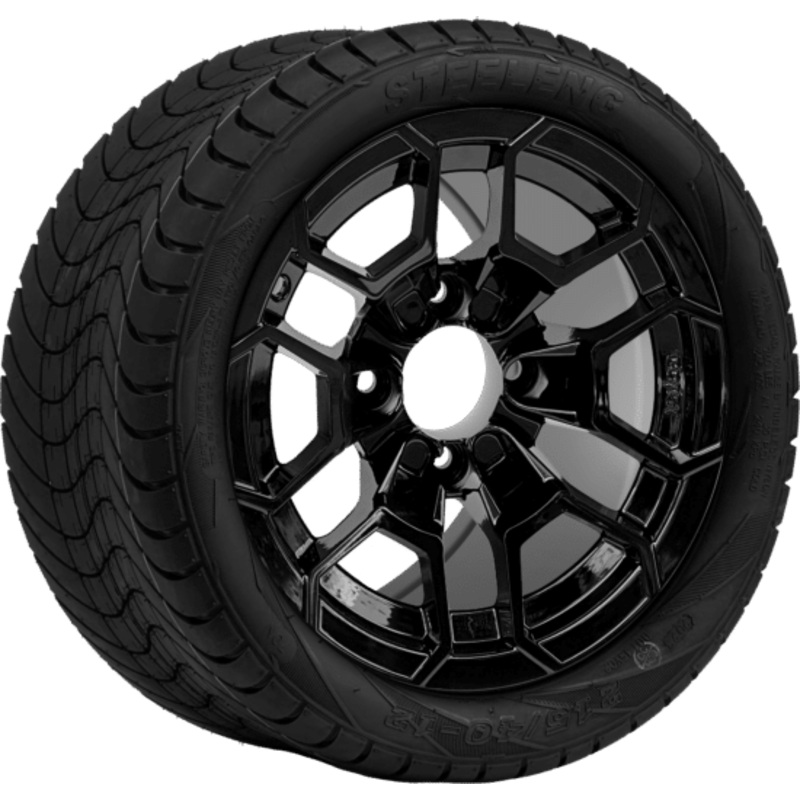SGC 12 ” Talon Glossy Black Wheel – Aluminum Alloy / STEELENG 215/40-12 Low Profile Tire DOT Approved Tires Combo – Set of 4