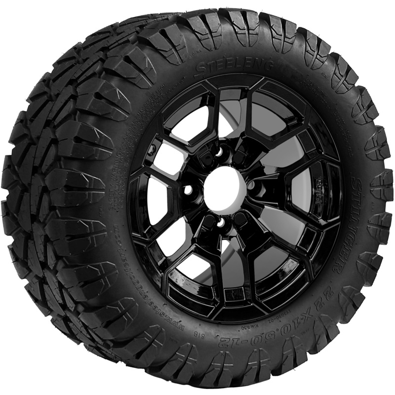 SGC 12 ” Talon Glossy Black Wheel – Aluminum Alloy / STEELENG 22 “x10.5 “-12 ” STINGER All Terrain Tire DOT approved Tires Combo – Set of 4