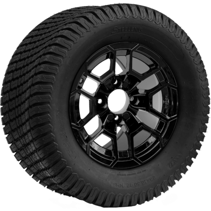 SGC 12 ” Talon Glossy Black Wheel – Aluminum Alloy / STEELENG 23 “x10.5 “-12 ” Turf Tire Tires Combo – Set of 4