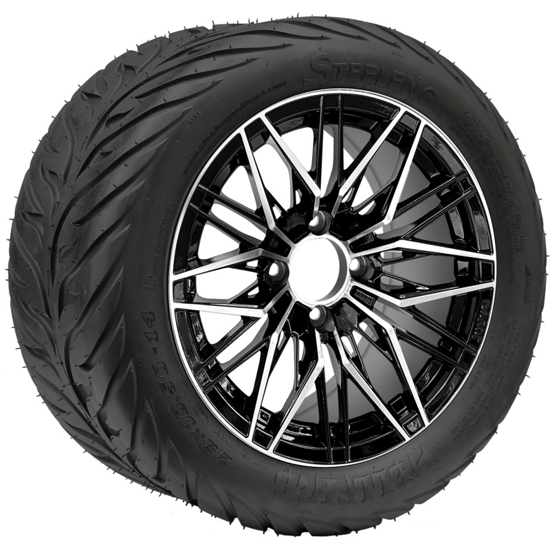 SGC 14″ Hornet Machined Black Wheel / STEELENG 23″x10.5″-14″ HELLFIRE Street Tire DOT Approved Tires Combo – Set of 4