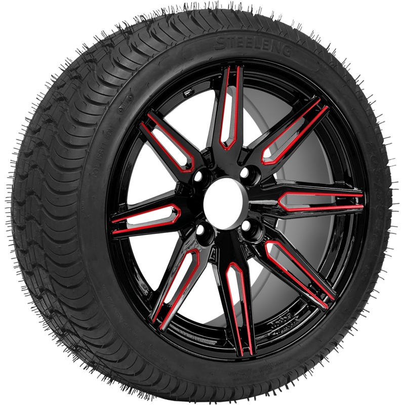 SGC 14″ Lynx Red/Black Wheel – Aluminum Alloy / STEELENG 205/30-14 QH Low Profile Tire DOT Approved Tires Combo – Set of 4