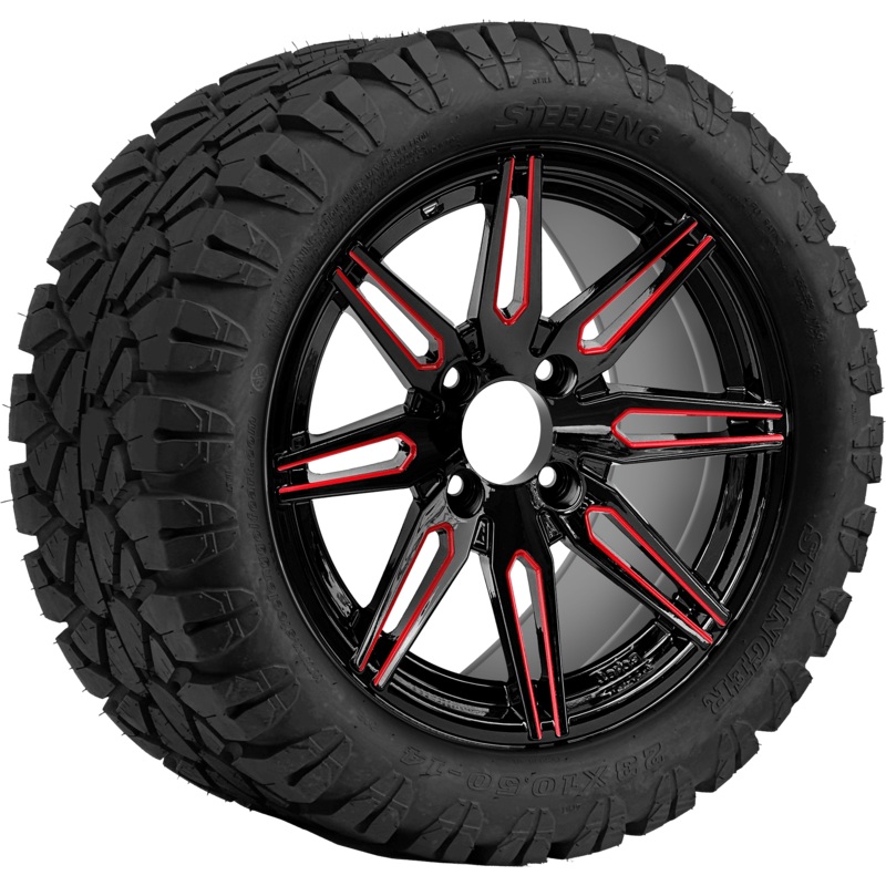 SGC 14 ” Lynx Red/Black Wheel – Aluminum Alloy / STEELENG 23 “x10.5 “-14 ” STINGER AT Tire DOT Approved Tires Combo – Set of 4