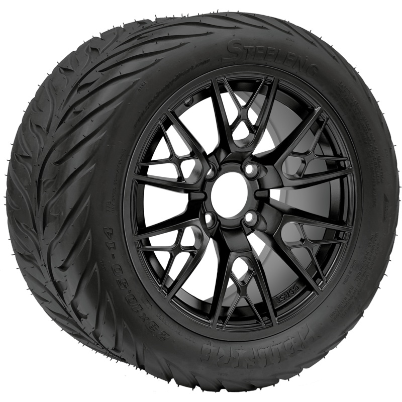 SGC 14 ” Saber Tooth Matte Black Wheel – Aluminum Alloy / STEELENG 23 “x10.5 “-14 ” HELLFIRE Street Tire DOT Approved Tires Combo – Set of 4