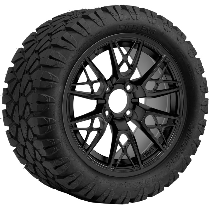 SGC 14 ” Saber Tooth Matte Black Wheel – Aluminum Alloy / STEELENG 23 “x10.5 “-14 ” STINGER AT Tire DOT Approved Tires Combo – Set of 4