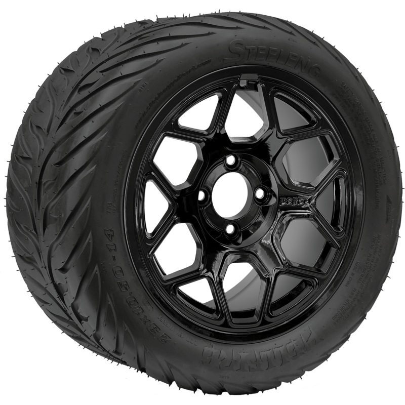 SGC 14 ” Yeti Glossy Black Wheel – Aluminum Alloy / STEELENG 23 “x10.5 “-14 ” HELLFIRE Street Tire DOT Approved Tires Combo – Set of 4