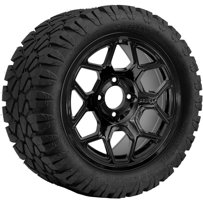 SGC 14 ” Yeti Glossy Black Wheel – Aluminum Alloy / STEELENG 23 “x10.5 “-14 ” STINGER AT Tire DOT Approved Tires Combo – Set of 4