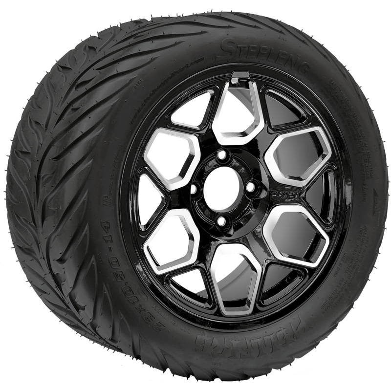 SGC 14 ” Yeti Machined Black Wheel – Aluminum Alloy / STEELENG 23 “x10.5 “-14 ” HELLFIRE Street Tire DOT Approved Tires Combo – Set of 4