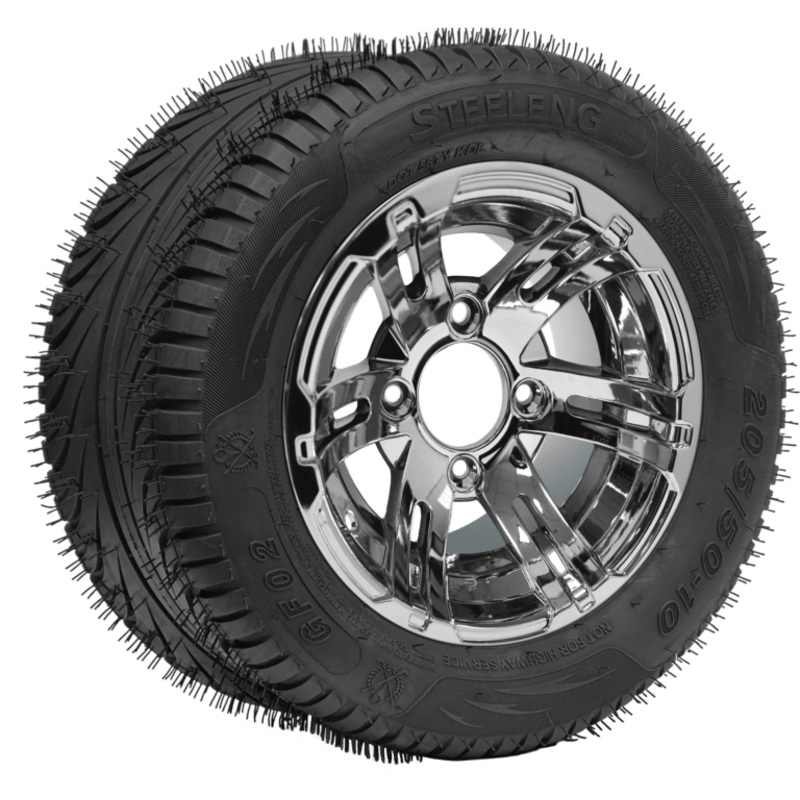 SGC 10″ Bulldog Chrome Wheel – Aluminum Alloy / STEELENG 205/50-10 QH Low Profile Tire DOT Approved Tires Combo – Set of 4
