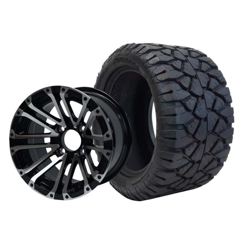 SGC 12″ Lancer Machined/Black Wheel – Aluminum Alloy / STEELENG 22″x10.5″-12″ STINGER All Terrain Tire DOT approved Tires Combo – Set of 4