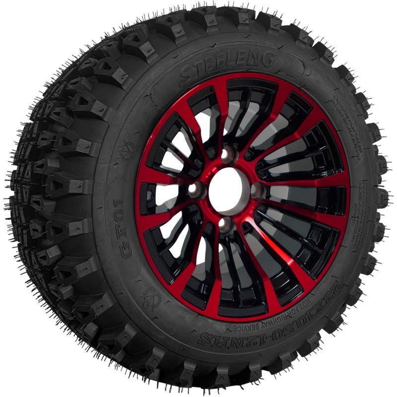 SGC 12″ Matador Red/Black Wheel – Aluminum Alloy / STEELENG 23″x10.5″-12″ QH All Terrain Tire Tires Combo – Set of 4