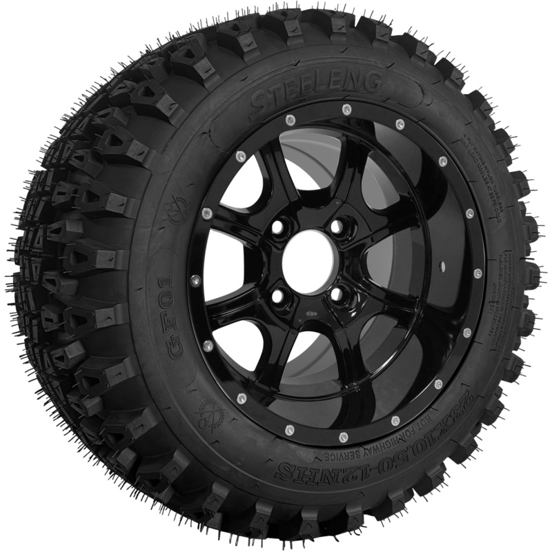 SGC 12″ Night Stalker Glossy Black Wheel – Aluminum Alloy / STEELENG 23″x10.5″-12″ QH All Terrain Tire Tires Combo – Set of 4