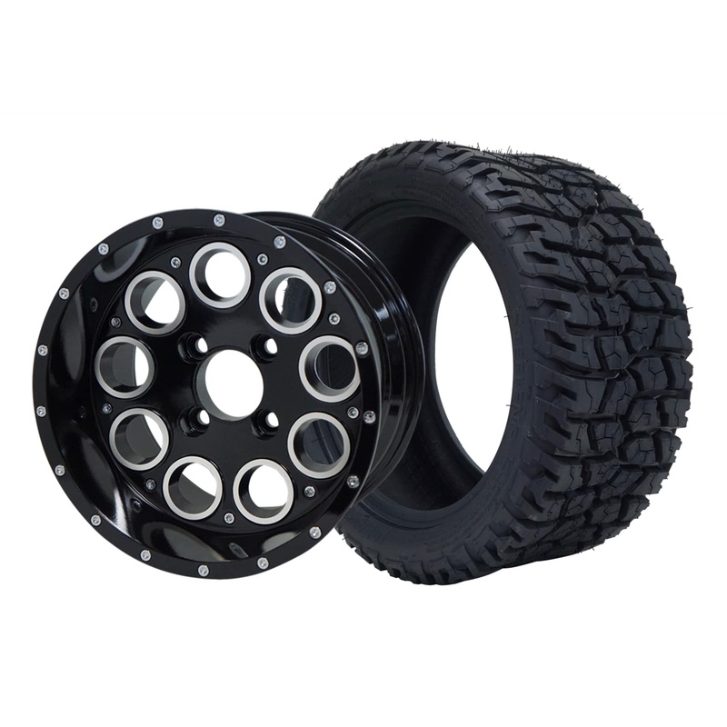 SGC 12″ Pioneer Glossy Black Wheel – Aluminum Alloy / STEELENG 215/40-12 GATOR Hybrid Low Profile / All Terrain Tire DOT Approved Tires Combo – Set of 4