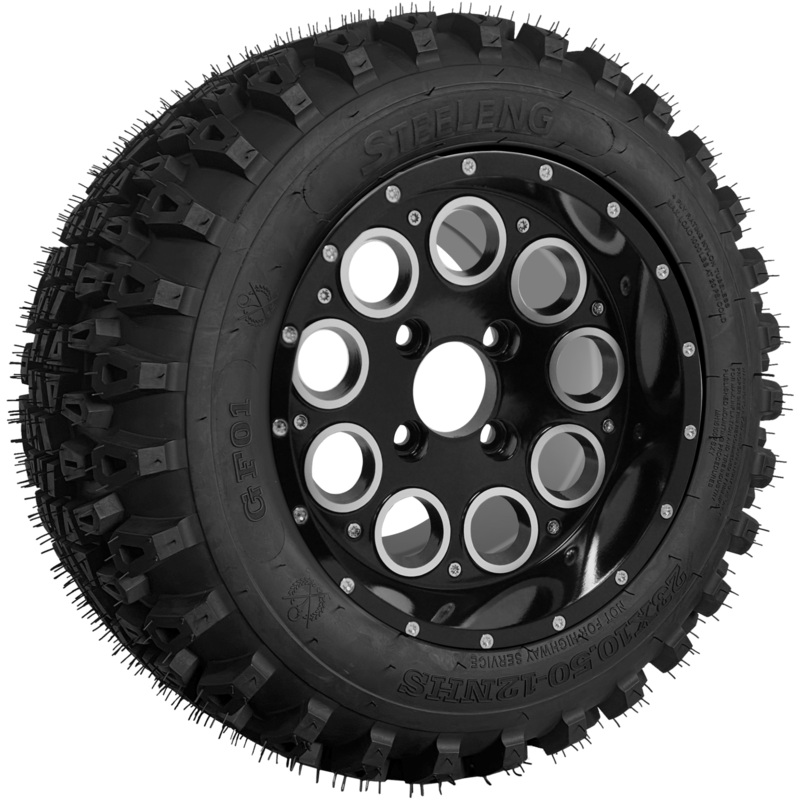 SGC 12″ Pioneer Glossy Black Wheel – Aluminum Alloy / STEELENG 23″x10.5″-12″ QH All Terrain Tire Tires Combo – Set of 4