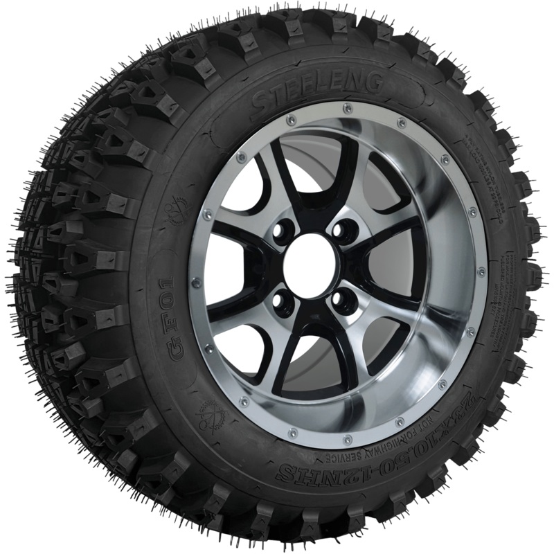 SGC 12″ Predator Machined/Black Wheel – Aluminum Alloy / STEELENG 23″x10.5″-12″ QH All Terrain Tire Tires Combo – Set of 4