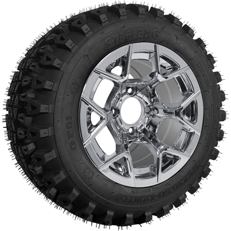 SGC 12″ Rally Chrome Wheel – Aluminum Alloy / STEELENG 23″x10.5″-12″ QH All Terrain Tire Tires Combo – Set of 4