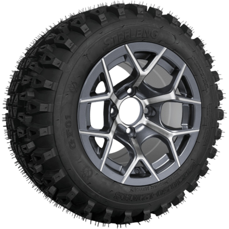 SGC 12″ Rally Machined/Gunmetal Wheel – Aluminum Alloy / STEELENG 23″x10.5″-12″ QH All Terrain Tire Tires Combo – Set of 4