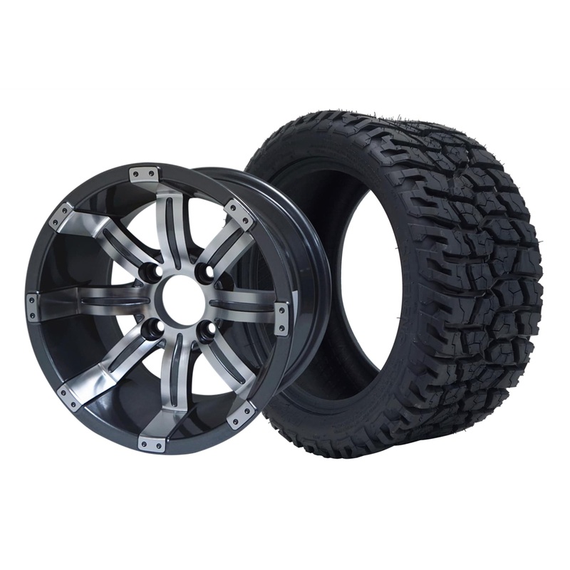 SGC 12″ Tempest Machined Gunmetal Wheel – Aluminum Alloy / STEELENG 215/40-12 GATOR Hybrid Low Profile / All Terrain Tire DOT Approved Tires Combo – Set of 4