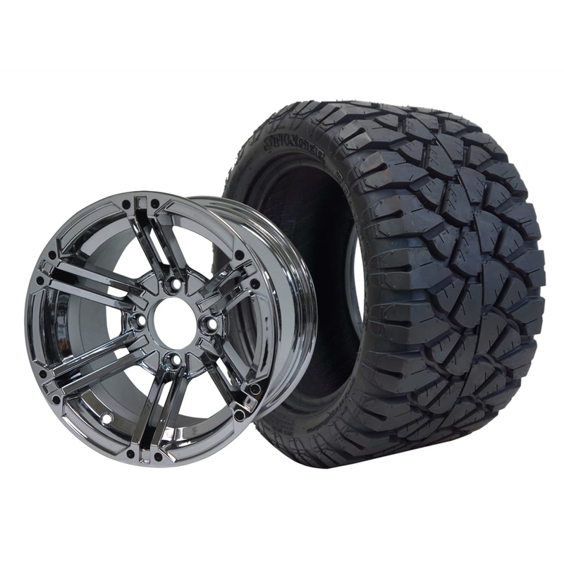 SGC 12″ Terminator Chrome Wheel – Aluminum Alloy / STEELENG 20″x10″-12″ STINGER All Terrain Tire DOT approved Tires Combo – Set of 4