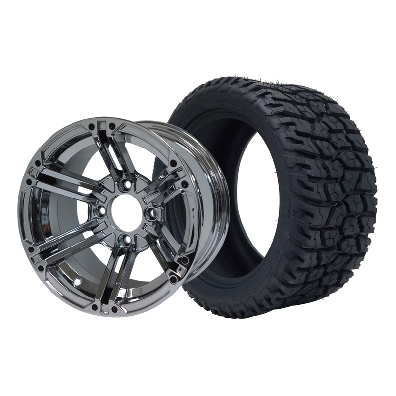 SGC 12″ Terminator Chrome Wheel – Aluminum Alloy / STEELENG 215/40-12 GATOR Hybrid Low Profile / All Terrain Tire DOT Approved Tires Combo – Set of 4