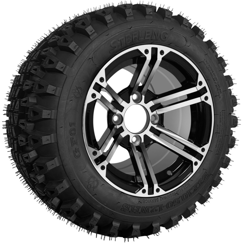 SGC 12″ Terminator Machined/Black Wheel – Aluminum Alloy / STEELENG 23″x10.5″-12″ QH All Terrain Tire Tires Combo – Set of 4