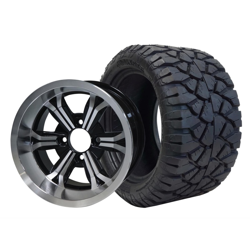 SGC 12″ Transformer Machined/Black Wheel – Aluminum Alloy / STEELENG 20″x10″-12″ STINGER All Terrain Tire DOT approved Tires Combo – Set of 4